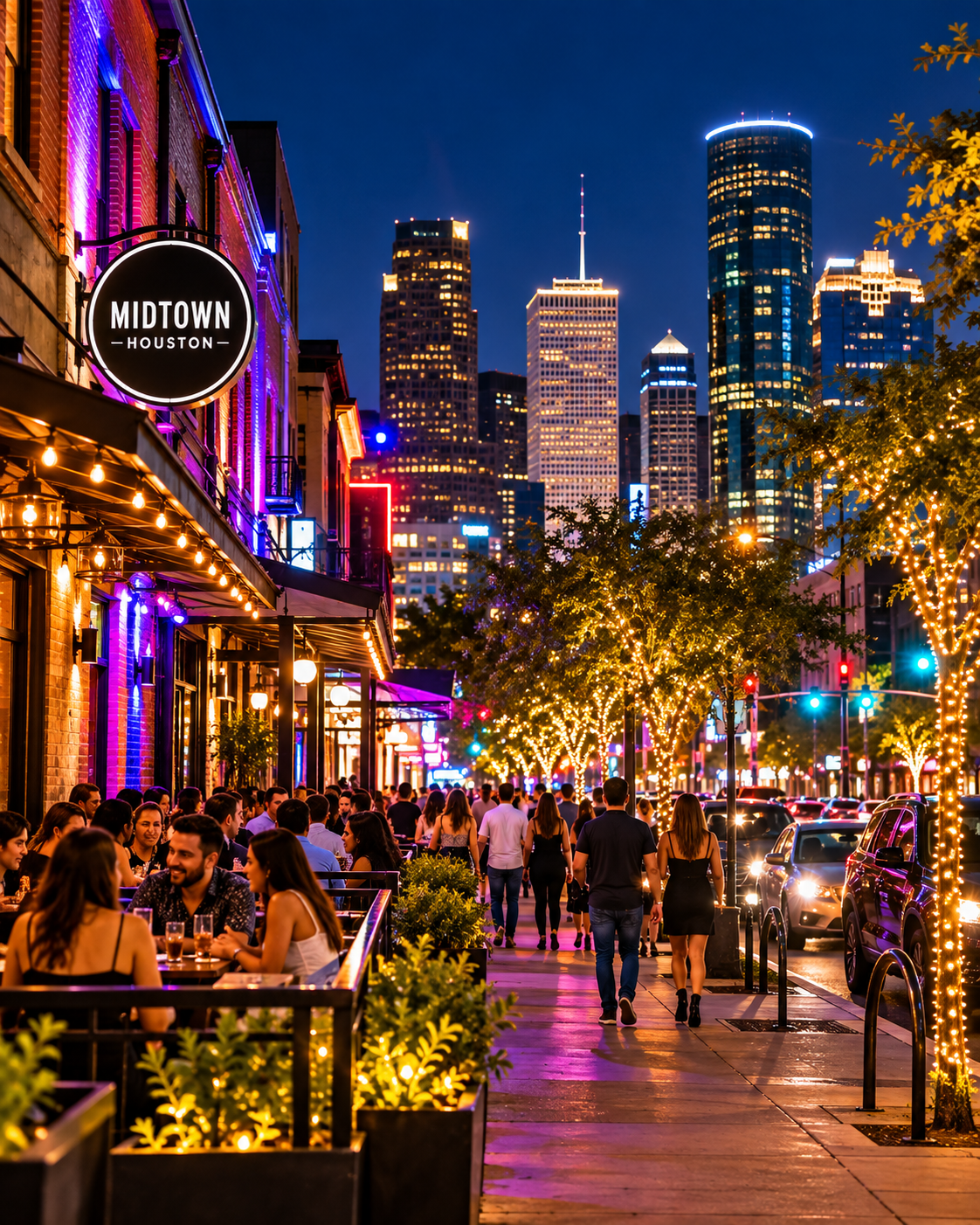 Lively Midtown Houston sidewalk lined with restaurants and lights at night