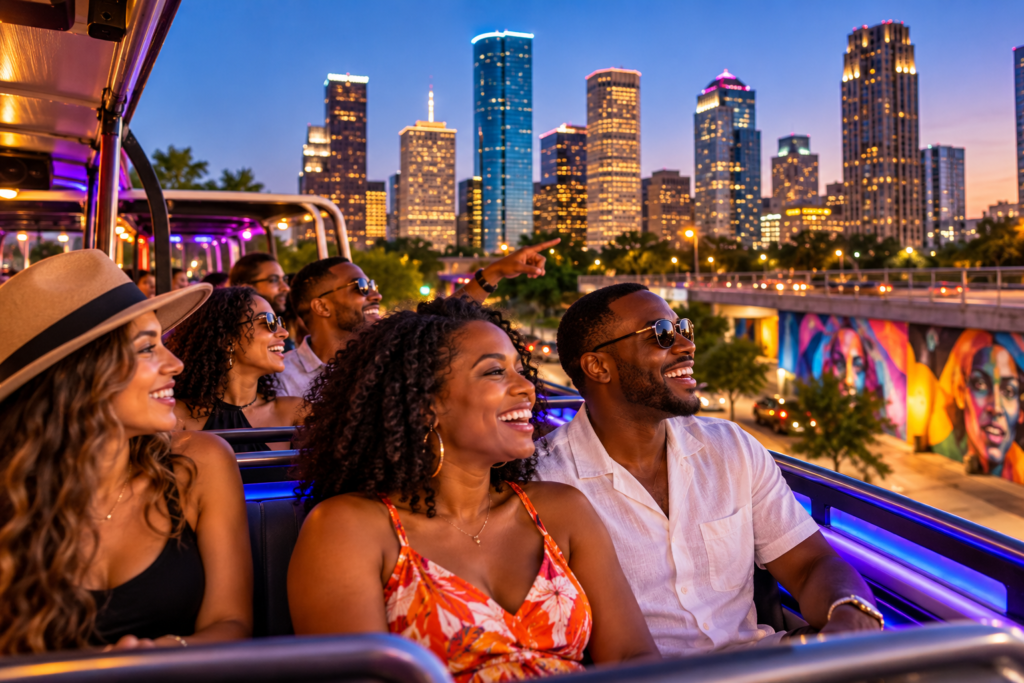 Friends enjoying an open-air ride with the Houston skyline in the background.