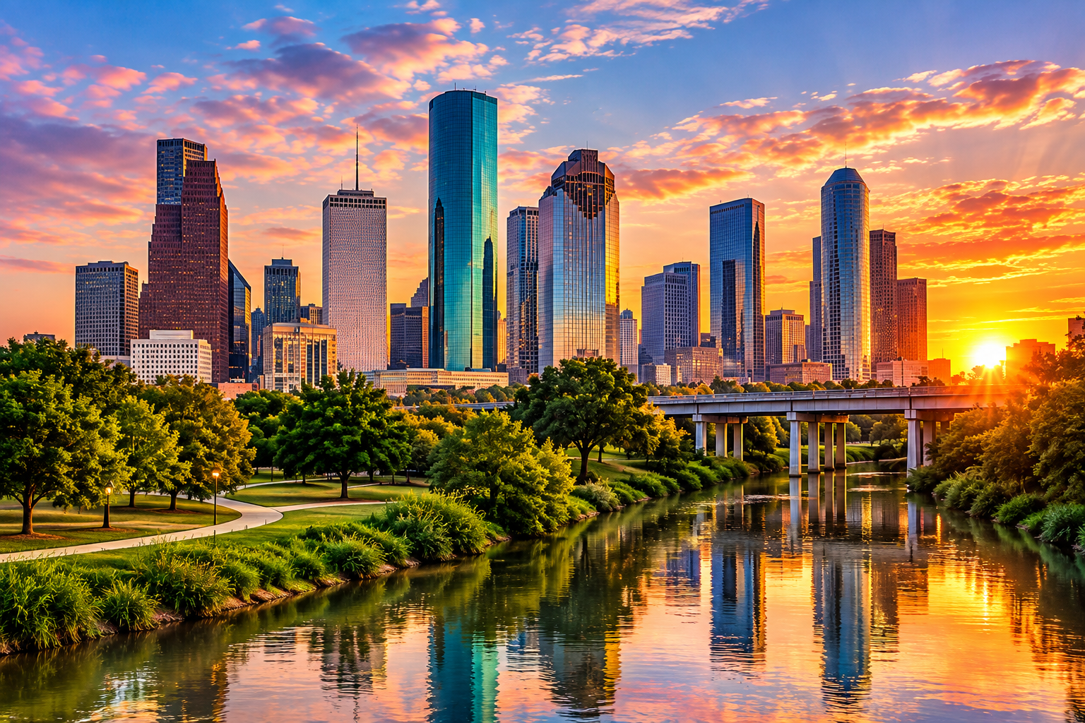 Downtown Houston skyline at sunset reflected in a tree-lined bayou