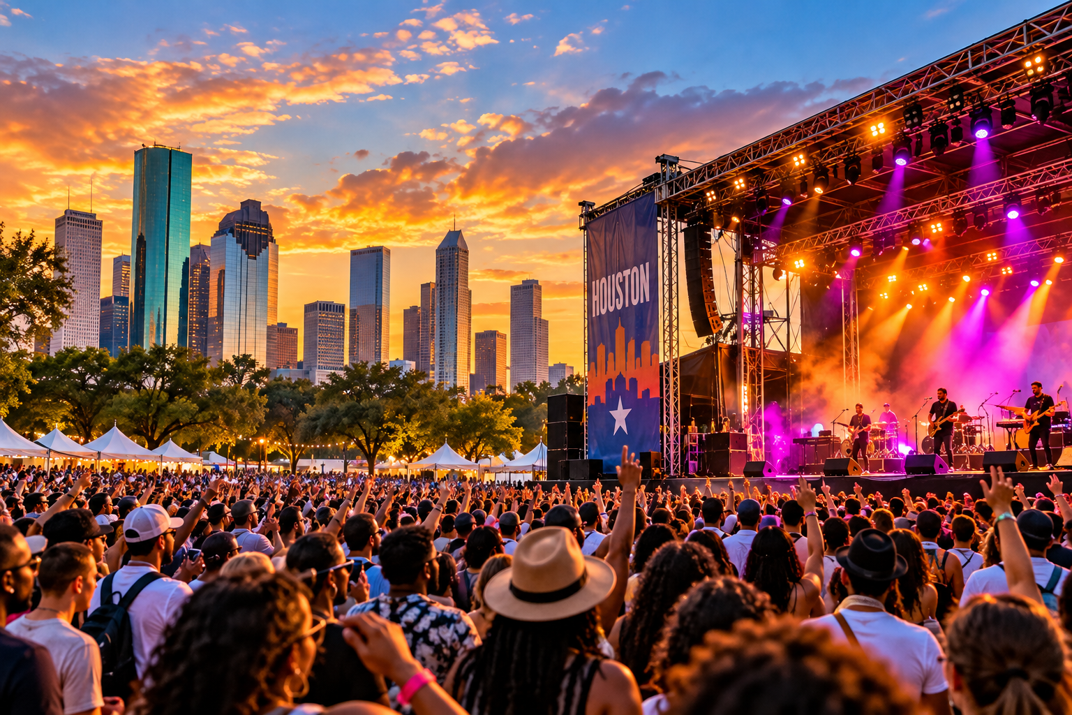 Crowd cheering a band on an outdoor festival stage at sunset with the Houston skyline behind