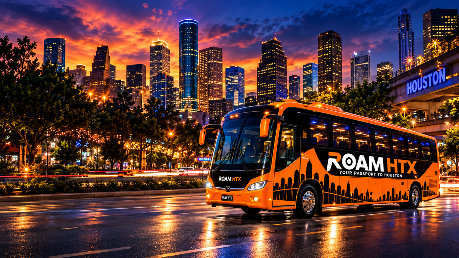 Roam HTX tour bus with the Houston skyline at twilight.