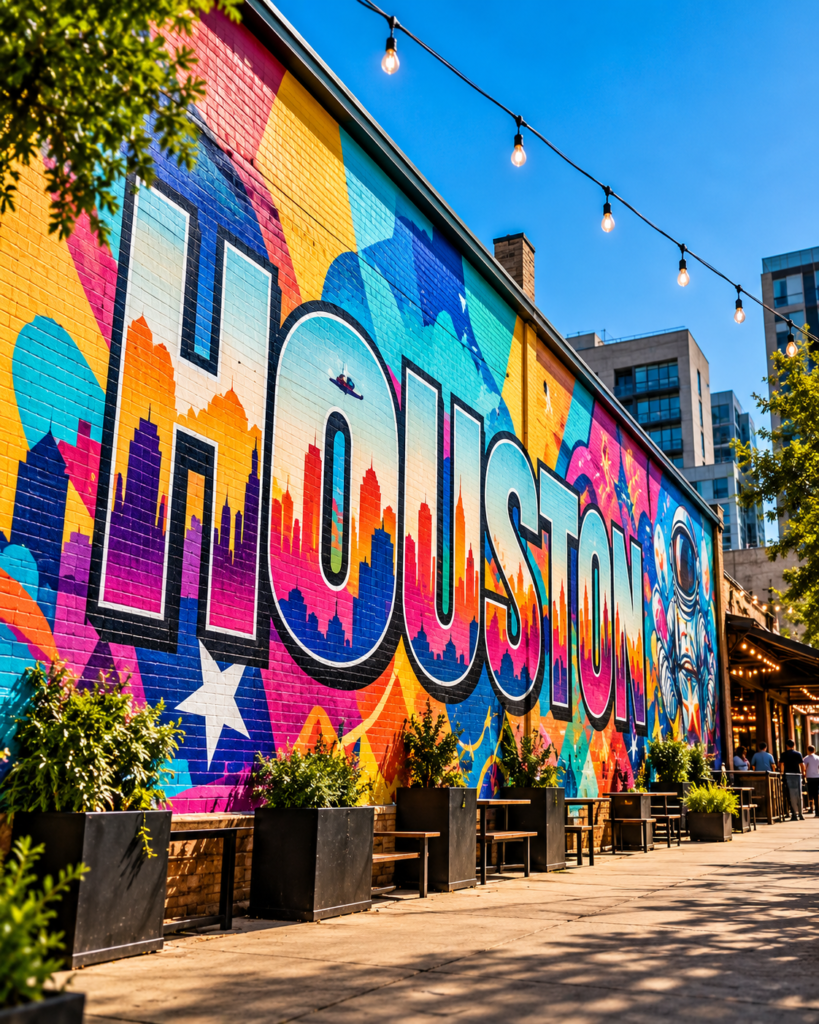 Colorful mural spelling HOUSTON on a brick wall beside a patio